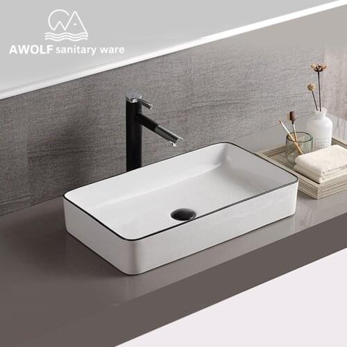 Bathroom Sinks Ceramic Vessel Square Washing Basin Sink Simplicity Design White Color With Pop Up Drain Soft Hose AM8191