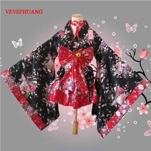 VEVEFHUANG Women Lolita Kimono Sets,Imitation Silk Cherry Blossom Cosplay Anime Maid Cartoon Costume,Girls Halloween Lolita Pri