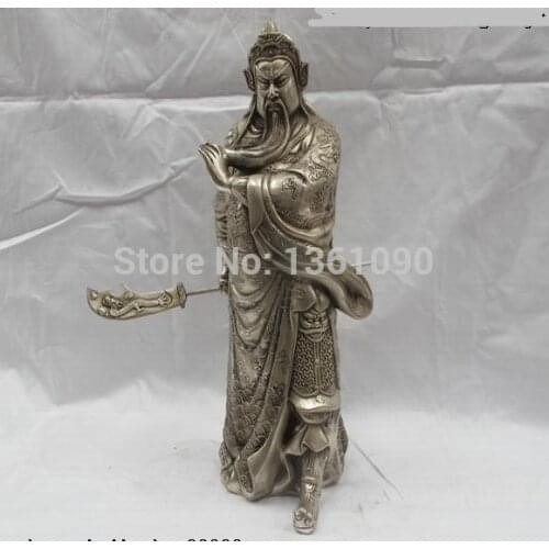 Xd 00283 Chinese White Bronze Silver Dragon Guan Gong wealth God Warrior Buddha Statue