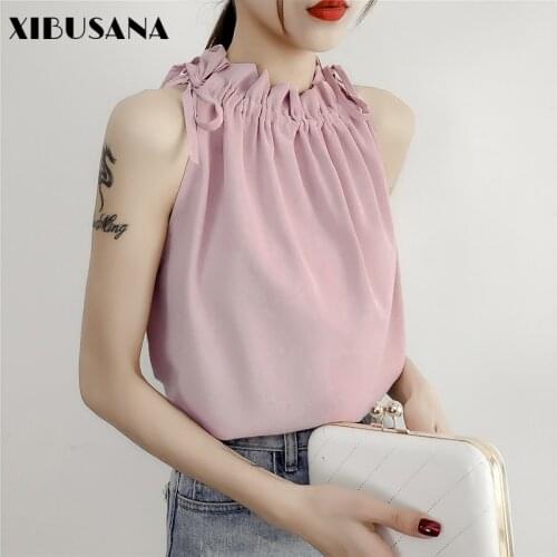 Womens Halter Sexy Blouses Sleeveless Lace Up Stand Collar Female Loose Blouse Tops Loose Solid Shirts Blusa Girl Outwear Tops