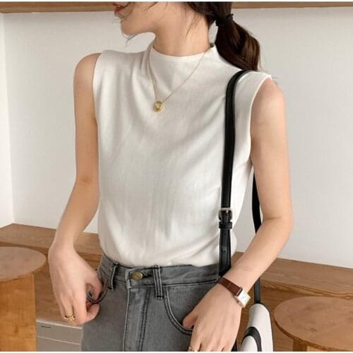 Female Sleveless T-Shirt Vest Casual Camis Sexy Knitted Top Summer Turtleneck Tank Top Women Camisole Blouse Sleeveless Slim Top