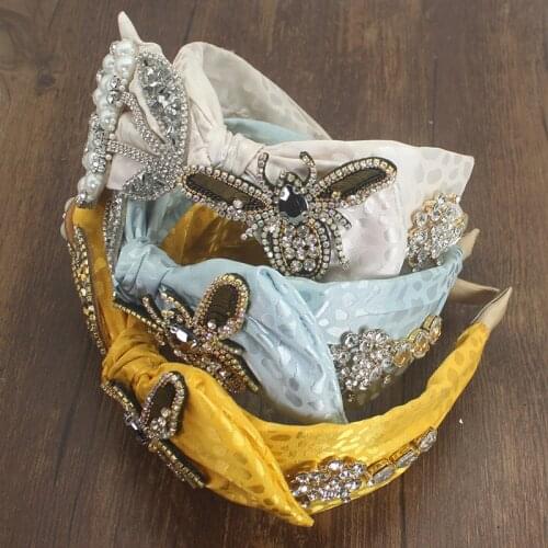 Yellow Blue Bowknot Rhinestone Pearl Flower Crystal Hairband Luxury Baroque Headband For Women Accessories Girls Wedding Tiara