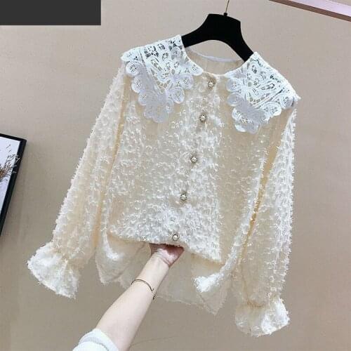 2021 Spring and Autumn Fashion New Lace Hollow Doll Collar Loose Long Sleeve Womens Chiffon Shirt Western Casual Top