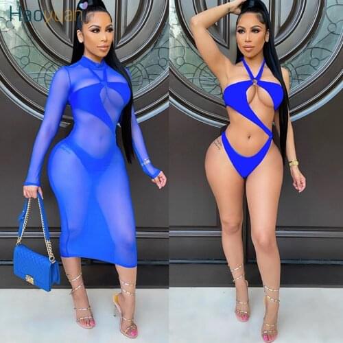 HAOYUAN Sexy Two Piece Set Swimsuit Summer Vacation Outfits for Women Beach Halter Bodysuit Mesh Sheer Dress Club Bathing Suit