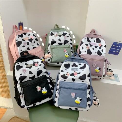 2021 Cow Pattern Nyon Women Backpack Female Lovely School Bag For Teenage Girls Large Capacity Contrast Color School Backpack