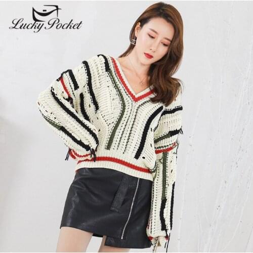 2020 Female SPring Autumn Fashion New V-Neck Short Long Sleeve knitted Top Women Korea Casual Tassel Striped Pullovers QL373