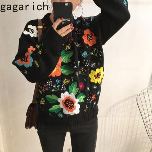 Gagarich Women Black Sweater Vintage Embroidered Flower Pullover Female Vintage Catwalk Style Loose O Neck Long Sleeve Tops