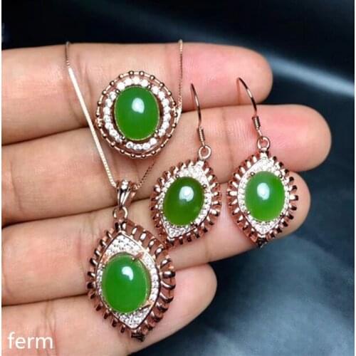 KJJEAXCMY boutique jewels 925 sterling silver inlaid with natural jasper hollow womens pendant ring 2 sets new lotus leaf olive