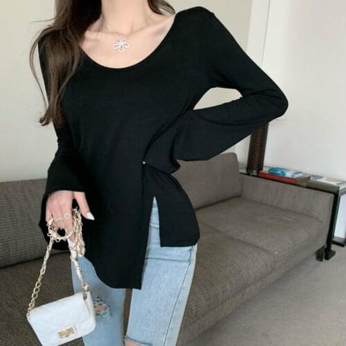 HziriP 2021 Flare Sleeve Asymmetrical O-Neck Sexy T-Shirt Split Fork Irregular Tee Autumn Office Lady Slim Skinny Top Fashion