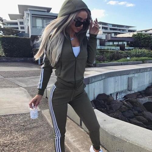 Fashion 2 Pcs Womens Spring Autumn Clothing Zipper Design Hoodie Drawstring Pant Sexy Slim Sportswear Striped Jogging Suit Lady