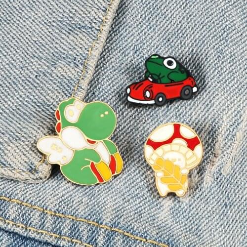 Cartoon Frog Driver Brooch Anime Game Mushroom Dinosaur Animal Enamel Pins BackPack Shirt Lapel Pin Funny Badge Jewelry for Kids