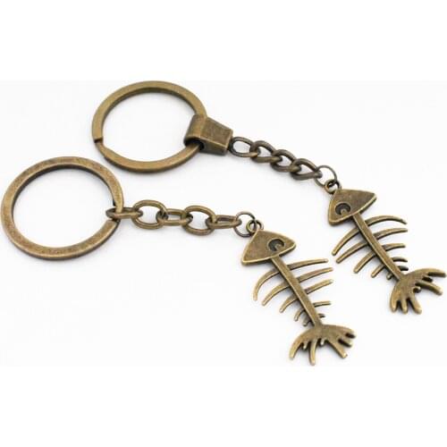 New fashion men 30mm keychain DIY metal holder chain vintage fish bone,20x42mm Bronze pendant Gift