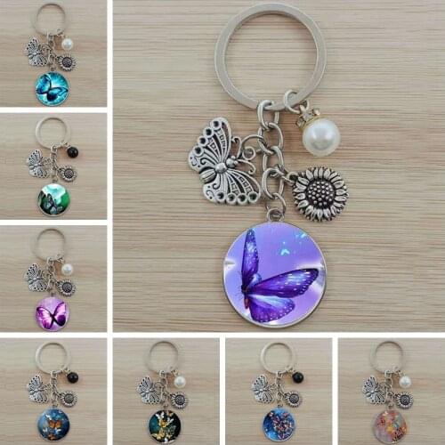 New butterfly keychain flower keychain glass cabochon female fashion jewelry high quality car decoration keychain