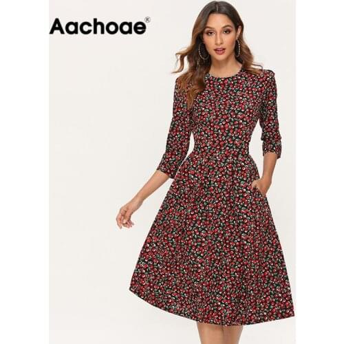Aachoae Printed Dress For Women 2021 Vintage Three Quarter Sleeve Draped Dress Autumn Round Neck A-line Midi Dresses Vestido