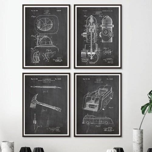 Fireman Gifts Firefighter Patent Vintage Canvas Posters and Prints Firefighter Fire Truck Black White Pictures Wall Art Painting