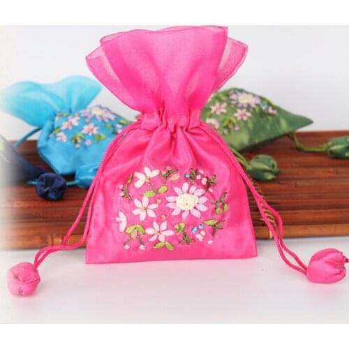 Organza Edge Empty Small Sachet Bag Handmade Ribbon Embroidery Drawstring Wedding Favor Bags Silk Cloth Packaging Bags 10pcs/lot