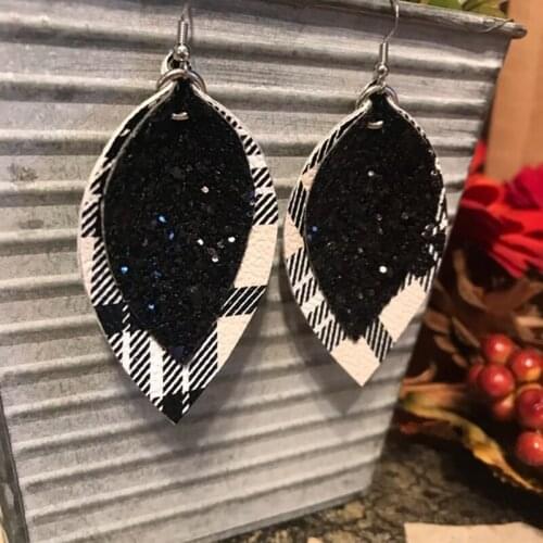 2020 Faux Leather Earrings Black & White Tartan Plaid Teardrop Earrings Handmade Double Sided Black Glitter Earrings