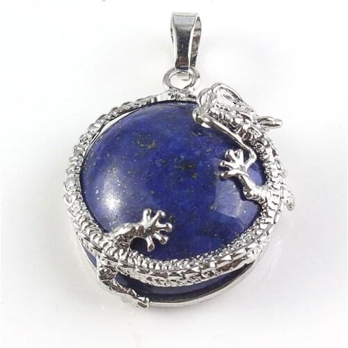 Trendy-beads Silver Plated Chinese Dragon Wrap Lapis Lazuli Half Ball Bead Vintage Pendant Charm Jewelry