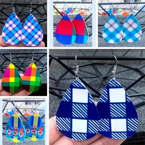 Afro Bohemian Tartan Seamless Plaid Faux Leather Drop Earrings Both Sides Printed Cute Women Loops Dangle For Christmas Gifts