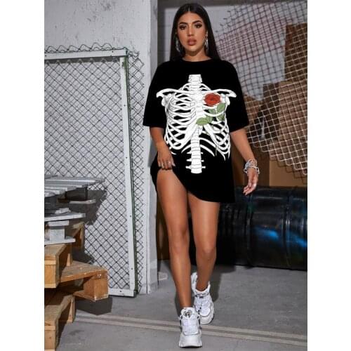 KYKU Skeleton T Shirt Women Flower Summer Art Shirt Print Hip Hop Funny T shirts Womens Clothing Anime Clothes Sexy New