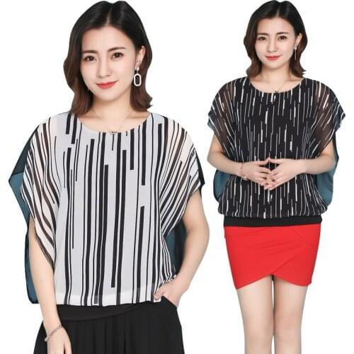 Women Bat Short Sleeve Chiffon Blouse Striped O Neck Casual Tops Large Size 7XL 8XL Ladies Blouse Camisas 2020