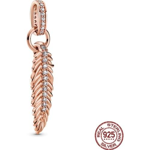 925 Sterling Silver New Fashion Zircon Rose Gold Pine Needles Charms Fit Original 3mm Bracelet&Bangle Making Jewelry For Women