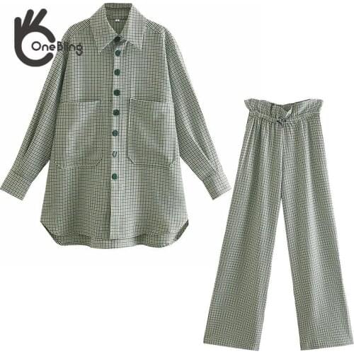 OneBling 2021 ZA Summer Autumn Women Casual 2 Piece Sets Drop Shoulder Long Shirts Straight Pants Green Houndstooth Suits Traf