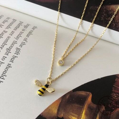 925 Sterling Silver Simple Gold Cartoon Little Bee Crystal Pendant Double Necklace Women Light Luxury Birthday Party Jewelry
