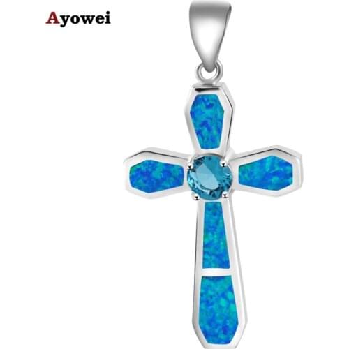 Trendy Cross Design Pendant for Women Blue Fire Opal silver plated Stamped Blue Zircon Nacklace Pendants Fashion Jewelry OP517A