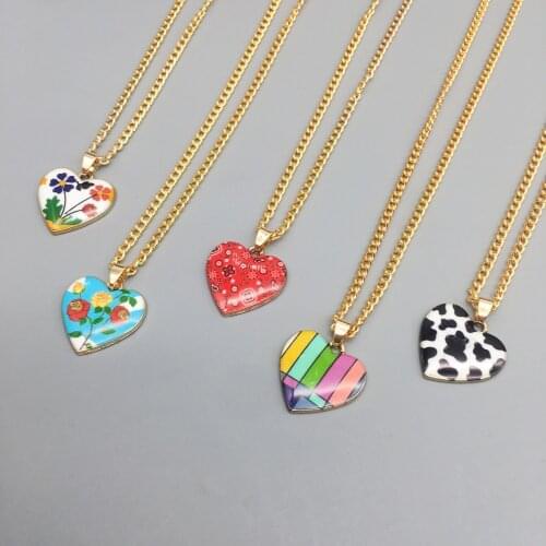 Heart Pendant Women Necklace 2021 Rainbow , Flower ,Leopard Heart Chain Necklace For Women Girls Gifts Sweater Chain jewelry