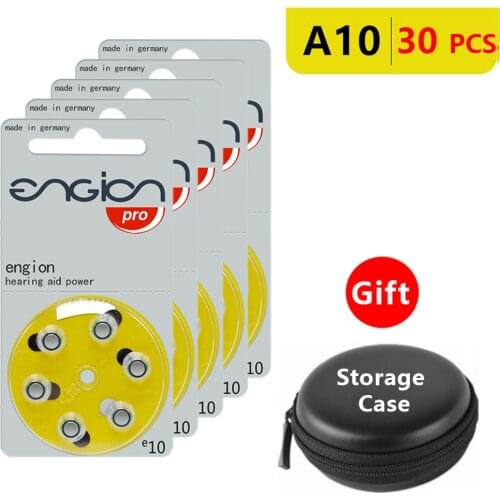 Hearing Aid Batteries Size 10 za Engion Pro,Pack of 30,Yellow Tab PR70 1.4V Type A10 e10 Zinc Air Battery with Storage Box