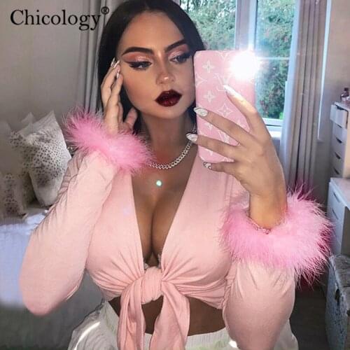 Chicology fur long sleeve lace up T-shirt women v neck sexy tshirt crop top 2019 autumn winter streetwear t shirt casual clothes