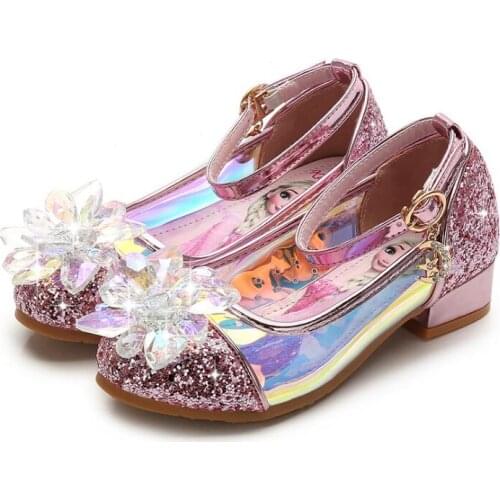 Disney Princess Kids Leather Shoes for Girls Frozen Glitter Children High Heel Girls Shoes Butterfly Knot Elsa Sandals Pink Blue