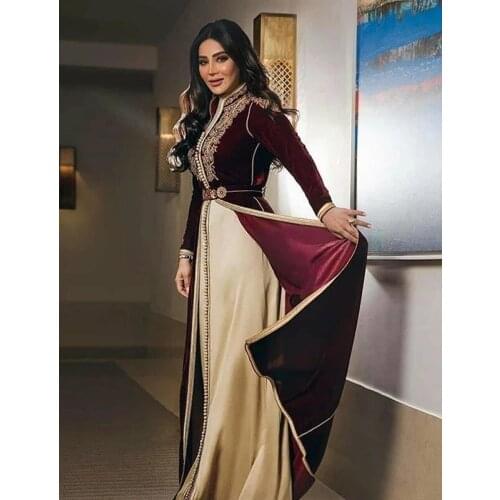 Moroccan Caftans Prom Dresses with Long Sleeve 2021 Burgundy Muslim Velour Vintage Lace Embroidery Evening Gowns Wear