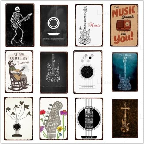Guitar Metal Plate Home Decoration Music Iron Sign Planetary Notes Black and White Retro Metal Plaque Flower Tin Sign Room Decor