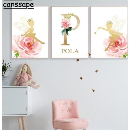 Nursery Wall Art Print Custom Name Canvas Poster Flower Fairy Paintings Flower Print Nordic Pictures Girl Bedroom Decoration