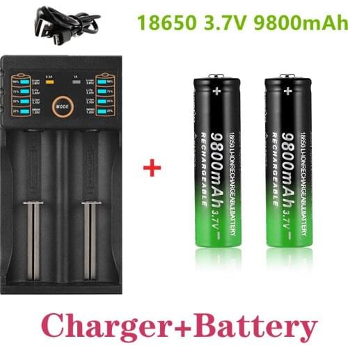 100% New 18650 battery 3.7V 9800mAh rechargeable li-Ion battery with charger for Led flashlight batery litio battery+1 Charger