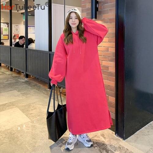 Autumn Winter Long Hoodie Dress Women Warm Fleece Hooded Cotton Pullover Loose Casual Thick Split Pockets Girls Solid Sweatshirt