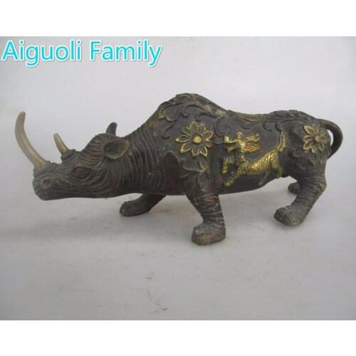 AAA+Rare Chinese Old Copper Carved Big Rhinoceros Statue/Metal Sculpture Craft For Home Decoration Antique Collection