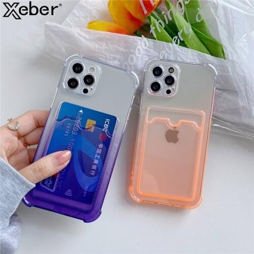 Luxury Gradient Transparent Shockproof Card Holder Case For iPhone 12 11 Pro Max XS X XR 8 7 Plus Mini SE Slot Wallet Soft Cover