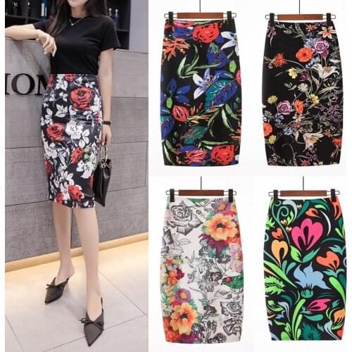 Floral Print Elastic High Waist Pencil Skirts Midi Skirt Women Printed OL Work Wear Summer New Plus size Short skirt