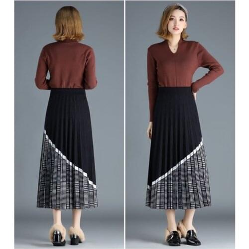 2021 New Knitted Womens Skirt Thickened Retro A-line Skirt In Autumn Winter Long Pleated Skirt National Style Black