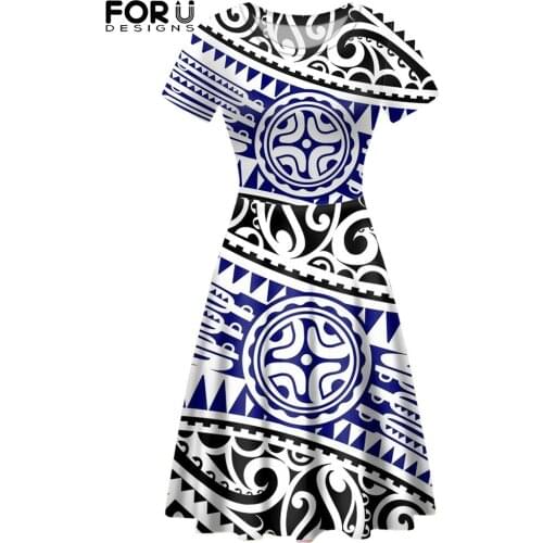 FORUSEDIGNS Polynesian Tribal Symbols Womens Summer Short Sleeves Dress Elegant O-Neck Breathable Dating Female Skirt Vestidos