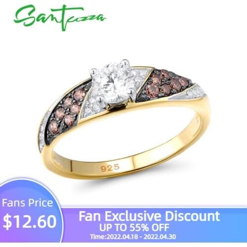 SANTUZZA Silver Rings For Woman Sparkling luxury Chocolate Cubic Zirconia Ring Female 925 Sterling Silver Rings Fine Jewelry