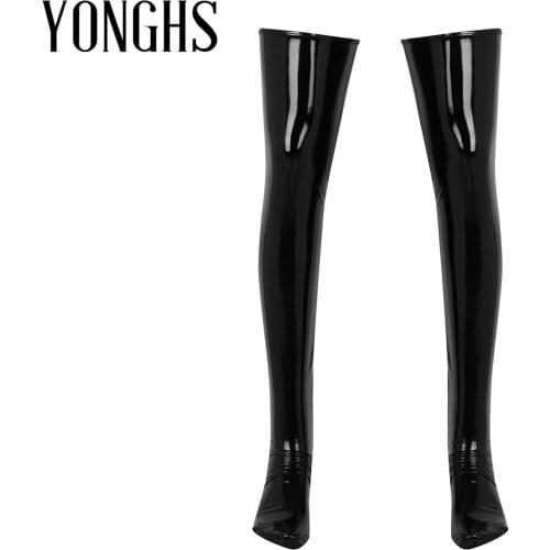 1 Pair Black Mens Anti-skid Elasticity Wetlook Patent Leather Thigh High Footed Stockings Clubwear Costume Cosplay Accessory