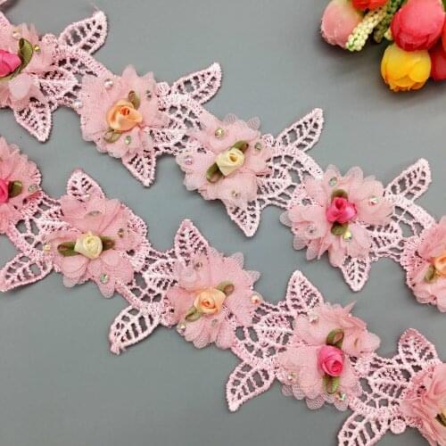 2 Yd 6CM 3D Diamond Chiffon Flower Embroidered Lace Trim Ribbon Floral Applique Fabric DIY Wedding Dress Sewing Craft