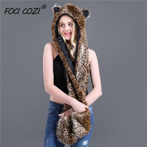 2019 Leopard Full Animal Hood Hoddie Hat Faux Fur 3 In 1 Function Women Hoodie Soft Flufffy Cosplay Hat Plush Hood Scarf Gloves