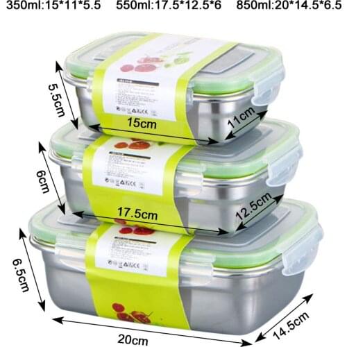 3pcs Practical Portable 1 Layer Stainless Steel Lunch Box Non-toxic Health Sealing Bento Food Container Durable 350/550/850ml