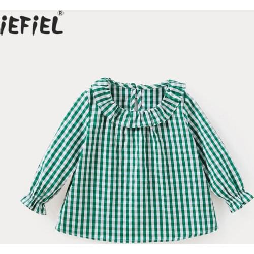 Children Plaid T-shirt for Girls Cotton Spring Kids Ruffles Collar Flare Sleeve Tops Tees Baby Kids Blouse Clothes 12M 24M 3 4Y