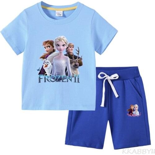 Frozen T shirt Summer New Foreign Trade Childrens Wear INS Korean Edition Cotton Childrens Short Sleeves In Trousers Two Sets